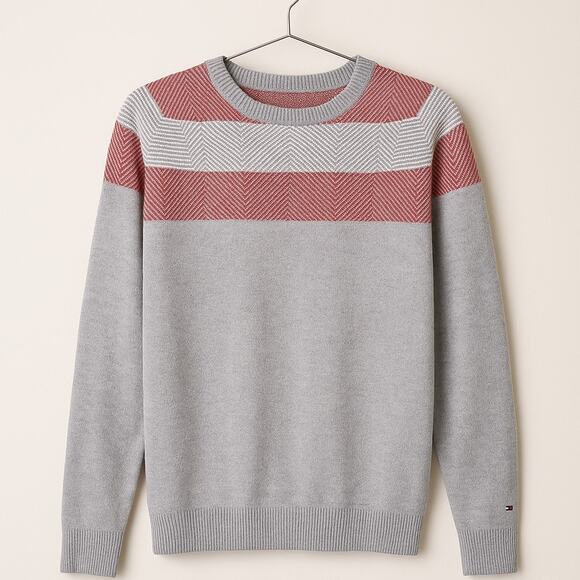 Tommy Hilfiger Linen Blend Chevron Sweater Gray Red Casual Mens Medium - Picture 1 of 6